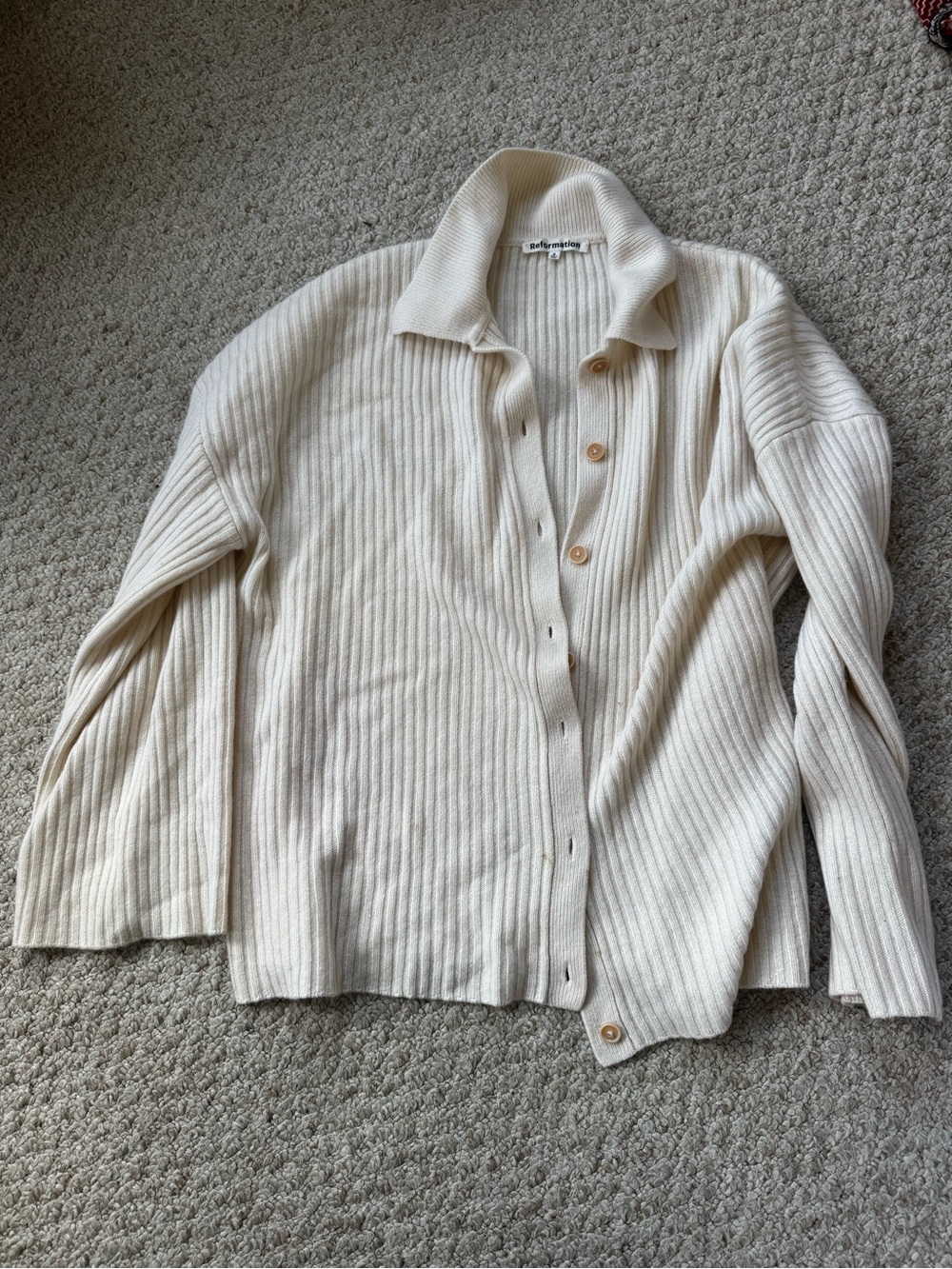 Reformation Ribbed Button-Up Collared Cardigan - Cream